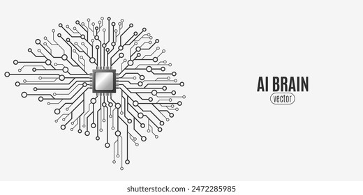 Futuristic AI brain with cpu board on white background. Big data analysis with artificial intelligence. Neural network design elements. Vector illustration. EPS 10.