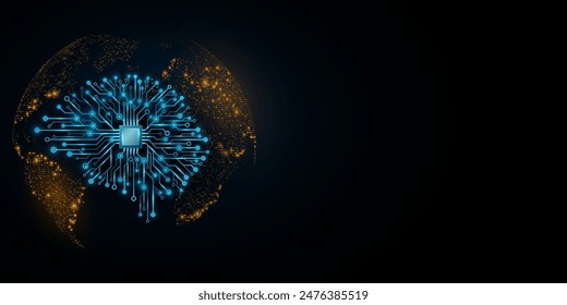 Cerebro de inteligencia artificial futurista con placa de CPU en el fondo del mapa del mundo. La inteligencia artificial analiza datos globales. Fondo de Tecnología. Ilustración vectorial. EPS 10