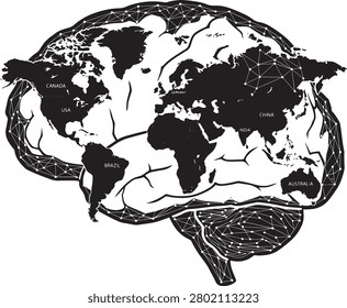 Futuristic AI brain illustration combining a global world map with digital neural connections, circuit patterns, and intelligent technology concepts. Minimal black and white vector artwork featuring advanced artificial intelligence, global communication, data network, and innovation themes. Ideal for technology branding, business presentations, educational graphics, science projects, and modern digital designs.

#AI #ArtificialIntelligence #Technology #NeuralNetwork #MachineLearning #DigitalInnovation #GlobalNetwork #FutureTechnology #DataScience #CyberTechnology #SmartSystem #VectorArt #DigitalBrain #Innovation #StockIllustration