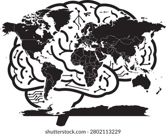 Futuristic AI brain illustration combining a global world map with digital neural connections, circuit patterns, and intelligent technology concepts. Minimal black and white vector artwork featuring advanced artificial intelligence, global communication, data network, and innovation themes. Ideal for technology branding, business presentations, educational graphics, science projects, and modern digital designs.

#AI #ArtificialIntelligence #Technology #NeuralNetwork #MachineLearning #DigitalInnovation #GlobalNetwork #FutureTechnology #DataScience #CyberTechnology #SmartSystem #VectorArt #DigitalBrain #Innovation #StockIllustration