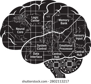 Futuristic AI brain technology illustration featuring a digital world map, neural network connections, circuit elements, and intelligent data processing concept. Clean black vector style with modern artificial intelligence, machine learning, global technology, and innovation themes. Perfect for technology presentations, educational materials, business graphics, and futuristic design projects.

#AI #ArtificialIntelligence #MachineLearning #NeuralNetwork #Technology #DigitalWorld #Innovation #FutureTech #VectorArt #DataScience #CyberTechnology #SmartSystem #Automation #DigitalDesign #StockIllustration