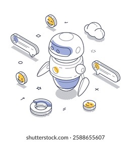 Futuristic AI chat bot surrounded by cheerful emoticons and chat icons in a vibrant digital landscape. Modern isometric line art vector illustration