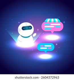 Futuristic AI chatbot with a glowing face, engaging in digital conversations. Speech bubbles, including one with a store icon, symbolize online communication and AI support.