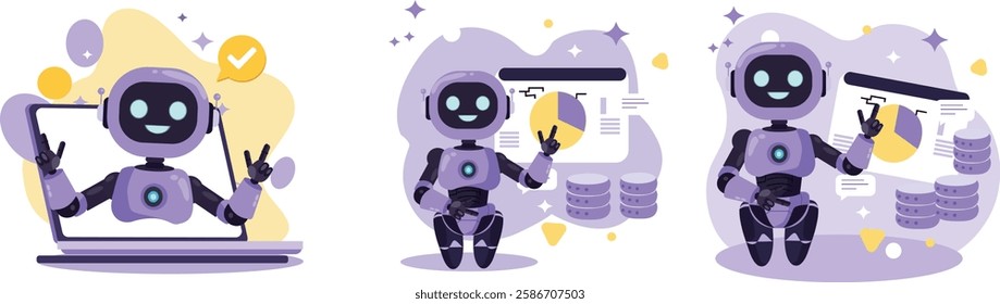 A futuristic AI chatbot interacting with financial data charts and digital analytics representing business automation and smart technology