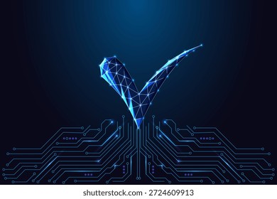 Marca de verificación de IA futurista que simboliza la validación, la Aprobación o la finalización de la tarea. Elemento digital brillante de la placa de circuito. Ilustración vectorial cibernética azul neón con tema tecnológico.