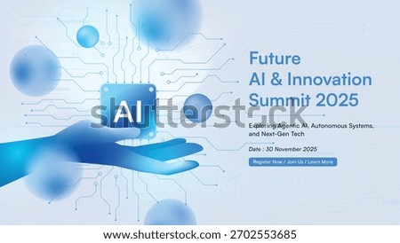 Futuristic AI chip above digital hand with blue circuit tech background, ideal for seminar banner and innovation event design.