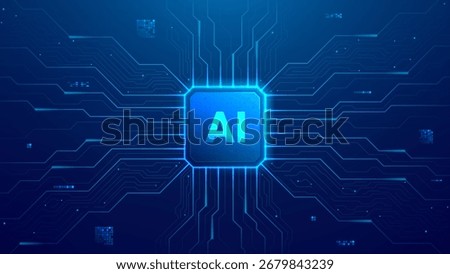 Futuristic AI chip concept. Artificial Intelligence semiconductor technology concept with circuit board. Vector illustration with AI CPU and light glowing elements. Artificial Intelligence banner.
