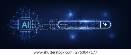 Futuristic AI chip and generative bar on a digital world map background. Machine learning and advanced global technology systems.  AI assistant and agentic AI systems. Vector illustration.