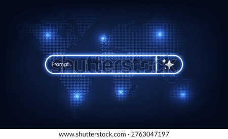 Futuristic AI chip and generative bar on a digital world map background. Machine learning and advanced global technology systems.  AI assistant and agentic AI systems. Vector illustration.
