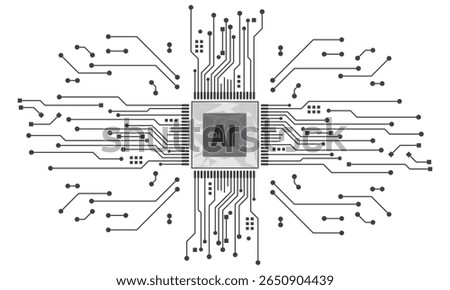 Futuristic AI chip isolated on white background, stylized AI microchip at the center with branching circuit lines, symbolizes artificial intelligence and digital connectivity.