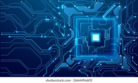 Chip de IA futurista em uma placa de circuito em um fundo de tecnologia. Conceito de inovação computacional quântica. Semicondutor digital com núcleo de CPU luminoso. Microchip abstrato. Ilustração vetorial.