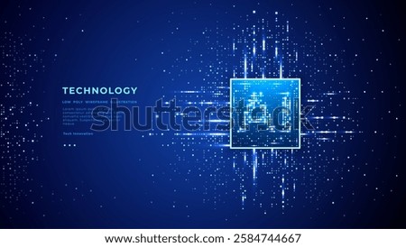 Futuristic AI chip on technology blue background. Artificial Intelligence semiconductor on circuit tech bg. Data flow. Light glowing pixels. CPU processor. Futuristic vector illustration. Electronics