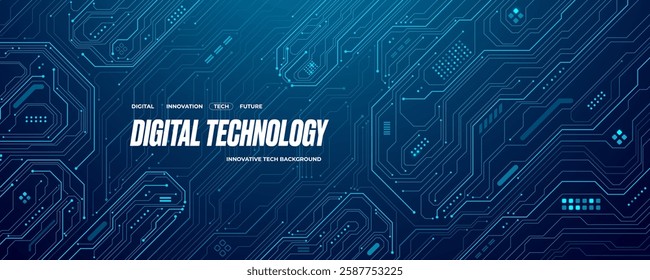 Futuristic AI circuit board background. Technology connected blue lines with electronics elements on tech bg. Computer motherboard with a chip, processor and semiconductor. Digital vector illustration