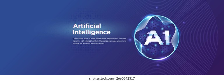 Conceito de IA futurista com onda digital brilhante, letras de IA arrojadas e esfera de dados em um fundo de tecnologia de gradiente. Ideal para inovação, tecnologia e ciência.