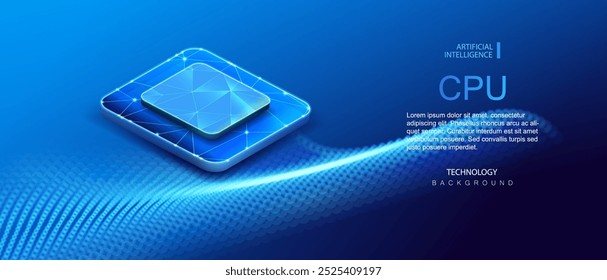 Futurista ai CPU. Red de aire de computadora con procesador en onda de flujo de partículas. Fondo de Vector isométrico de CPU. Anuncio de chip de computadora de núcleo cuántico.