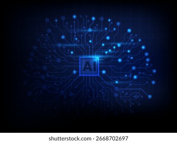 Futuristic AI digital brain circuit in glowing blue light, symbolizing artificial intelligence, deep learning, and advanced technology innovation.