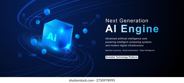 Futuristic AI engine cube with glowing circuit patterns, orbiting data lines and floating nodes for artificial intelligence and advanced computing.