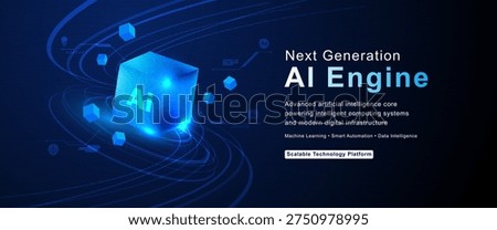 Futuristic AI engine cube with glowing circuit patterns, orbiting data lines and floating nodes for artificial intelligence and advanced computing.