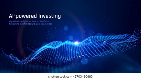 Fondo futurista de la tecnología financiera de la IA con las partículas azules que fluyen de los datos en el espacio. Comercio seguro y algorítmico, tecnología blockchain y análisis de big data para presentaciones corporativas y marca financiera