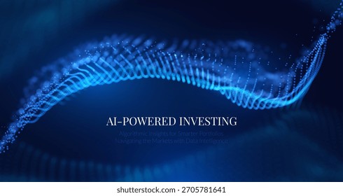 Fondo futurista de la tecnología financiera de la IA con las partículas azules que fluyen de los datos en el espacio. Comercio seguro y algorítmico, tecnología blockchain y análisis de big data para presentaciones corporativas y marca financiera