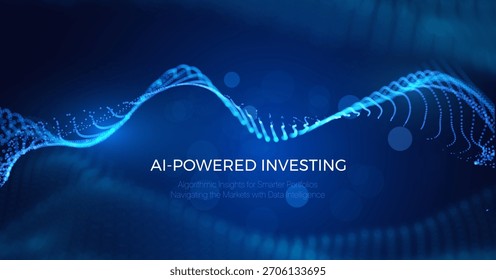 Futuristische KI Fintech-Hintergrund mit fließenden blauen Datenpartikeln im Raum. Sicherer, algorithmischer Handel, Blockchain-Technologie und Big-Data-Analyse für Unternehmenspräsentationen und Finanzbranding