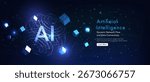 Futuristic AI glowing sphere with dynamic flow lines, nodes, and digital cubes. Abstract technology background for innovation and business.