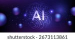 Futuristic AI glowing sphere with dynamic flow lines, network nodes, and floating 3D spheres in purple tone. Abstract cyber technology background.