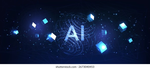Esfera brillante de IA futurista con líneas de flujo dinámico, nodos y cubos digitales. Abstractas formación tecnológica para la innovación y los negocios.