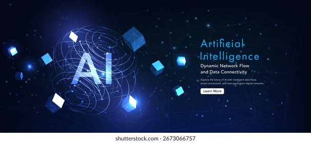 Esfera brilhante de IA futurista com linhas de fluxo dinâmico, nós e cubos digitais. Resumo da tecnologia para inovação e negócios.