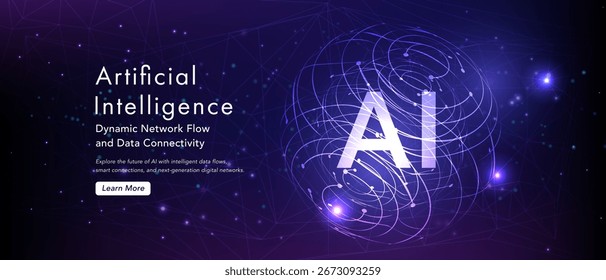 Esfera brillante de IA futurista con líneas de flujo dinámico, nodos digitales y red cibernética abstracta. Fondo de tecnología moderna en tono púrpura.