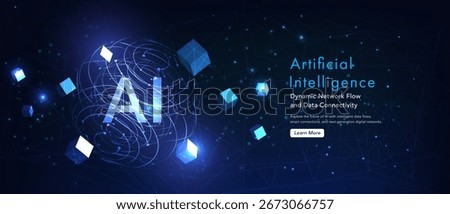 Futuristic AI glowing sphere with dynamic flow lines, nodes, and digital cubes. Abstract technology background for innovation and business.