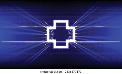 Futuristic AI healthcare and digital marketing technology background. Glowing neon grid with central AI processor future health, digital marketing, artificial intelligence integration in technology.