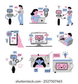 Conjunto de colaboração humana e IA futurista. Uma coleção de 8 ilustrações que mostram a interação humana com robôs de IA em vários cenários assistidos por tecnologia, destacando a inovação e o trabalho em equipe