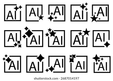 Conjunto de ícones de IA futurista com desenhos de botões de estrela cintilante e quadrado - logotipos coloridos de inteligência artificial, símbolos de aprendizado de máquina e elementos de interface do usuário da Web