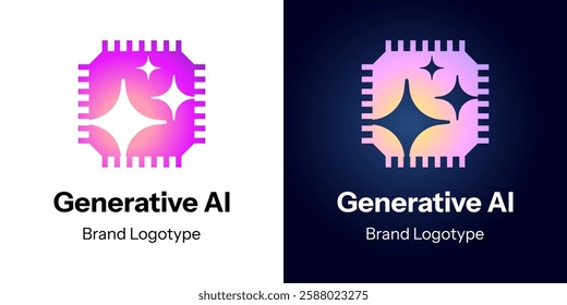 Futuristic AI logo featuring microchip with digital networking connections. Vector illustration symbol artificial intelligence, machine learning and innovation. Ideal for tech branding or LLM concept