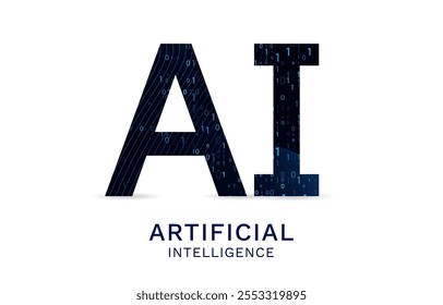 Un logotipo futurista de IA con un diseño digital moderno, que destaca la inteligencia artificial, las redes neuronales, los algoritmos y el código binario en un tema azul.