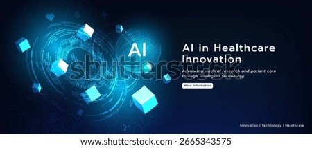 Futuristic AI medical technology background with glowing digital sphere, 3D cubes, and hexagonal medical icons, symbolizing innovation in healthcare and patient care.