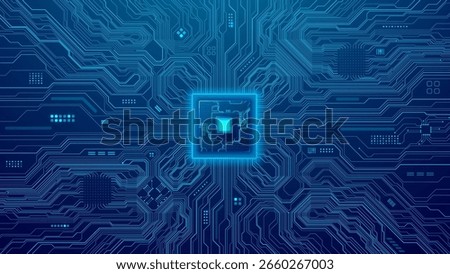  Futuristic AI quantum semiconductor with bright blue neon light. Abstract digital circuit board with wires, microchips, and electronics components on a technology background. Vector illustration.