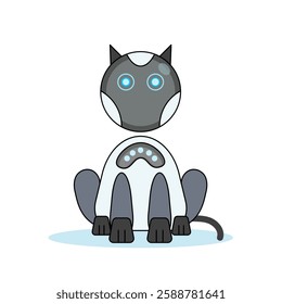 Futuristic AI robot cat. has a round head, glowing blue eyes, and a white and gray body. The cat is sitting and a small tail curls behind it. relevant to technology, robotics, and futuristic.