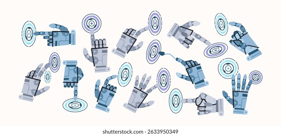 Futuristic AI robot hands in retro cartoon style. Gestures: pointing, tapping, swiping. Technology, automation, smart interface. Illustration in funky, doodle style, trendy sticker set