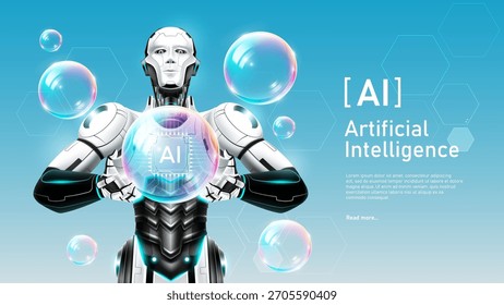 Robot de IA futurista que sostiene una burbuja de jabón que contiene un símbolo de chip de IA. Concepto de hype del mercado de la tecnología, riesgo de inversión, o innovación frágil, Ilustración vectorial
