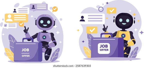 A futuristic AI robot presenting a job offer document with digital interface elements symbolizing recruitment automation.