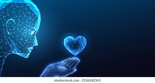 Futuristic AI robotic head gazes at glowing heart, symbolizing technology role in emotions, compassion, and human connection against dark blue background. Low polygonal abstract vector illustration.