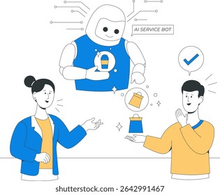A futuristic AI service bot creates automation magic by assisting two delighted people with a gift box, symbolizing innovative customer service technology