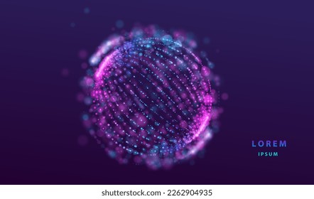 Futuristic ai tech particles dotted glowing abstract background. Neon splash globe sphere shapes design. Big data technology and science vector.