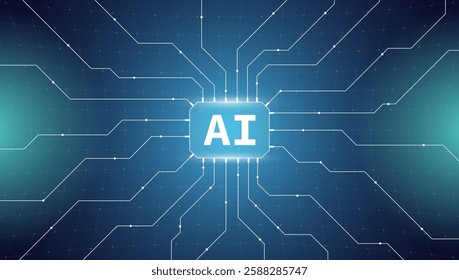 Futuristic AI technology banner. Microchip and neural network connections. Artificial intelligence and machine learning modern digital style illustration. Chatbot development or cyber innovation.