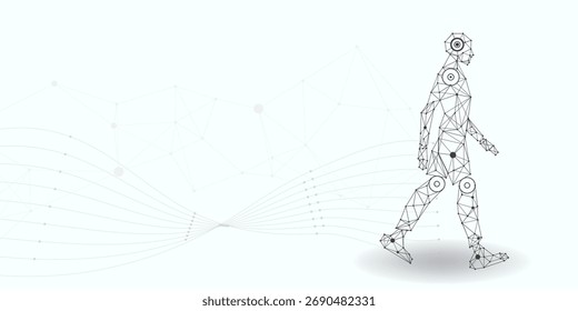 Conceito de tecnologia de IA futurista com uma figura humana digital composta de linhas e pontos conectados, simbolizando rede e dados. Ideal para mostrar inovação e progresso.