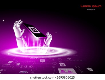 Concept futuriste de technologie d'IA montrant des mains robotiques tenant une tablette numérique scintillant avec un symbole d'intelligence artificielle. Innovation, réseau informatique et arrière-plan d'apprentissage automatique moderne.