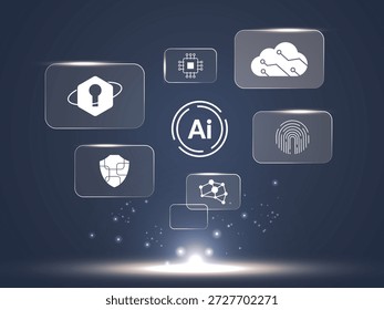 Tecnología de IA futurista con tablero de visualización de datos holográficos digitales flotantes que muestra seguridad cibernética avanzada, computación en la nube en concepto de diseño de Ilustración vectorial de efecto de luz brillante.