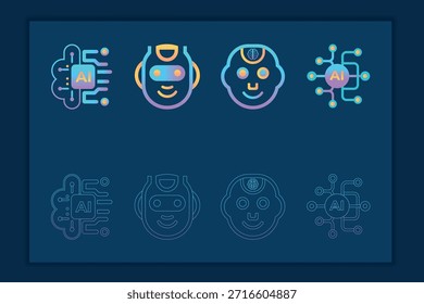 Conjunto de iconos de línea de degradado de Tecnología AI futurista